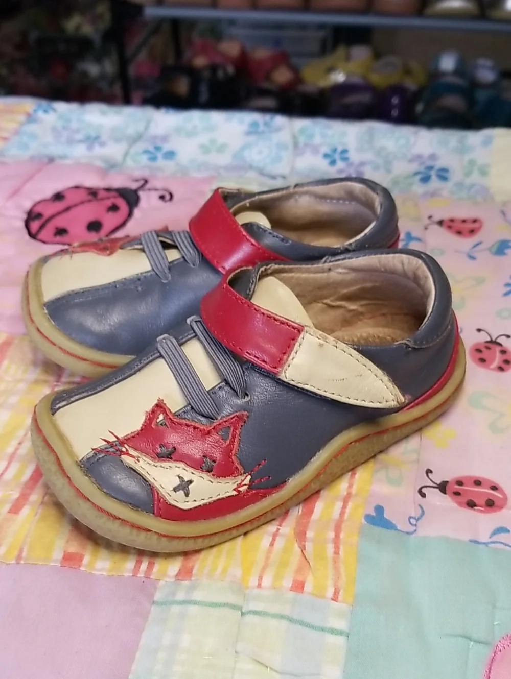 Livie & Luca Toddler Leather Shoes in Blue/Gray, Cream & Red Size 5 Foxes